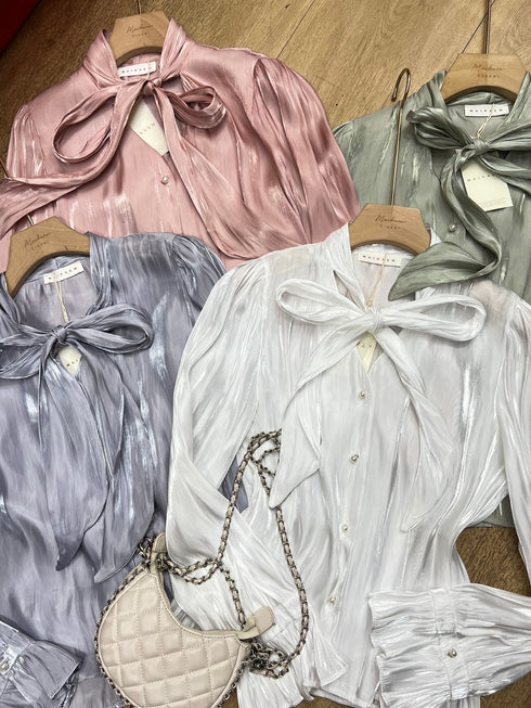Casual Collar Tie Shirts With Long Lantern Sleeves